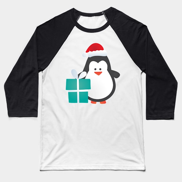 Cute Christmas Penguin with Gift and Santa Hat Baseball T-Shirt by bluerockproducts